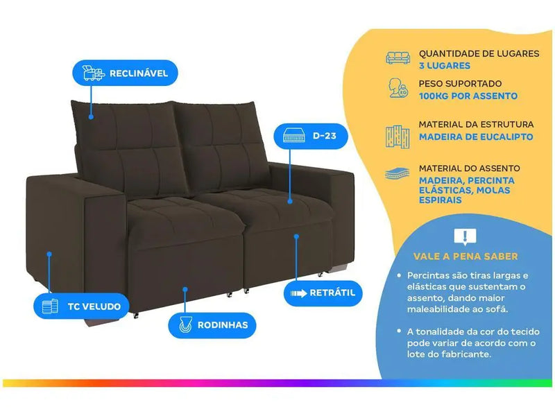 Sofá Retrátil 3 Lugares Miami em Veludo Azul Estofado
