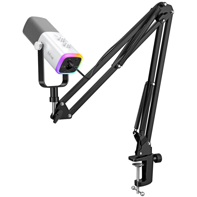 Kit de Microfone Dinâmico FIFINE AM8T XLR – Com Braço Articulado, RGB, Controle de Volume, USB, Para PC e PS4/PS5