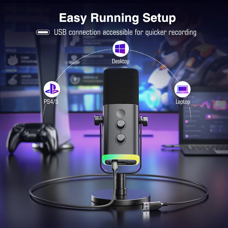 Microfone Dinâmico FIFINE USB/XLR com Controle de RGB/Entrada para Fone de Ouvido/Mute, Microfone para PC Gaming, Gravação e Streaming AmpliGame-AM8