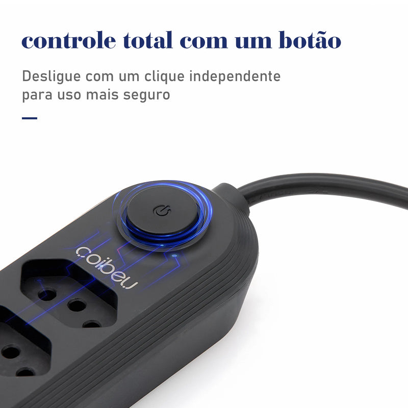 Extensão com 4 Tomadas, Bivolt, 2 Metros, Tomada Preta com 4 Saídas e USB, Régua de Energia, Extensão para Brasil