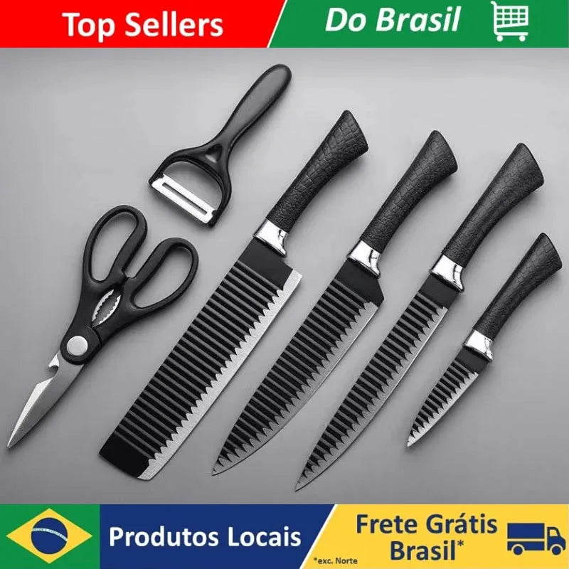 Conjunto de Ferramentas 6 Peças Brasil – Facas Black Wave em Aço Inoxidável: Faca de Chef, Faca para Frutas