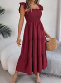 Saia Longa Feminina 2025 – Verão, Cor Lisa, Decote Quadrado, Borda Tipo Cogumelo, Cintura Ajustada, Modelo A-Line, Vestido Elegante Justo tipo Camisola