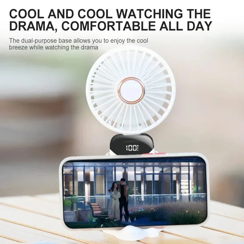 Ventilador de Pescoço Portátil com 5 Velocidades Recarregável via USB com Suporte para Telefone e Tela de Exibição 1800mAh