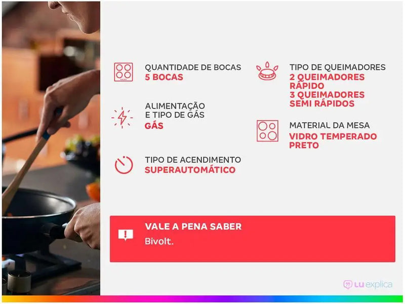 Cooktop 5 Bocas a Gás Consul Vidro Temperado - GLP - Bivolt