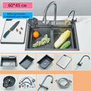 Pia de Cozinha em Aço Inoxidável 304 com Efeito Cascata, Cubo Único Grande, Torneira com Display Digital Integrado, Dosador de Sabão e Lavador de Copos