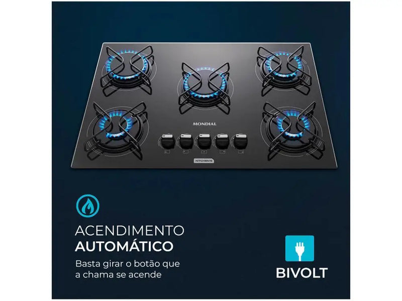 Cooktop 5 Bocas Mondial a Gás GLP Preto - Bivolt