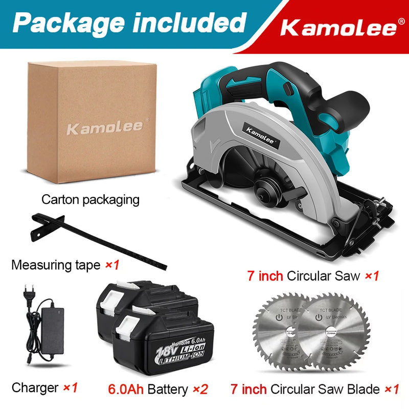 Serra Circular Elétrica Kamolee – 7 polegadas  21V / 6.0Ah / 6000mAh – Para Uso Doméstico e DIY Compatível com baterias de 18V e 21V