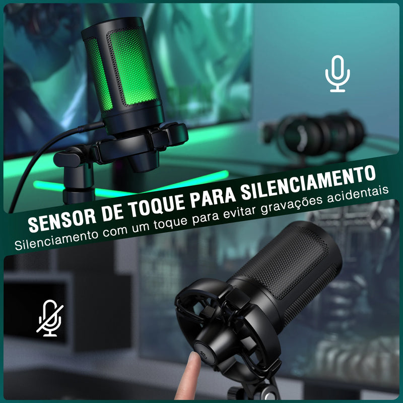 Microfone Gamer AmpliGame com Mute Rápido, Microfone Condensador USB RGB com Tripé para PC, Notebook, PS4/5, Streaming e Podcasting - A2