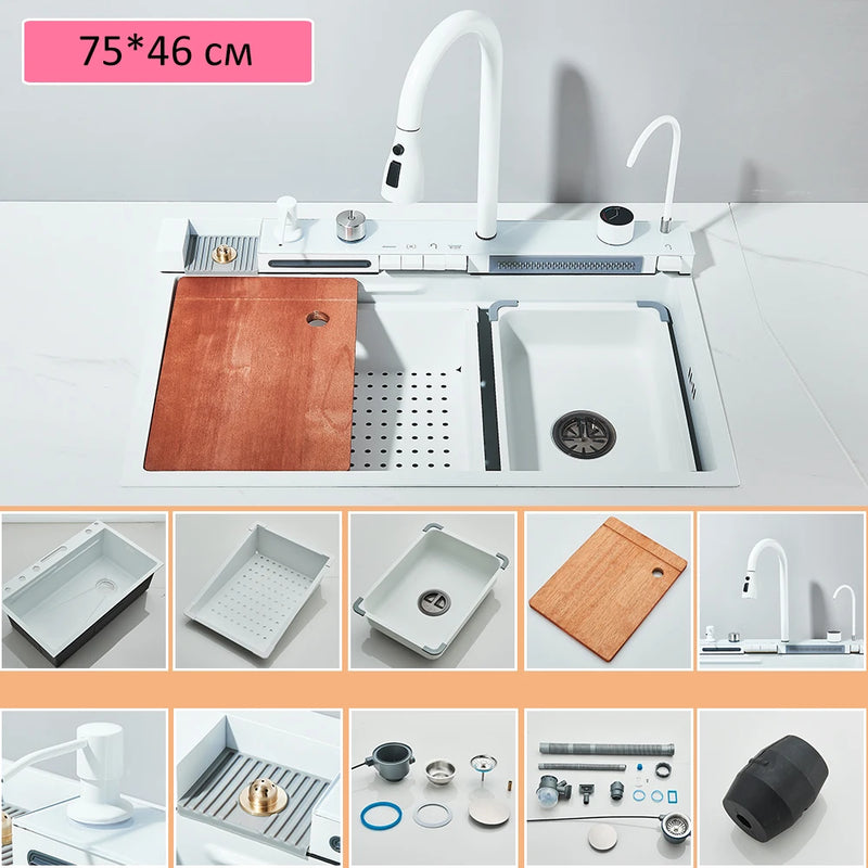Pia de Cozinha em Aço Inoxidável 304 com Efeito Cascata, Cubo Único Grande, Torneira com Display Digital Integrado, Dosador de Sabão e Lavador de Copos