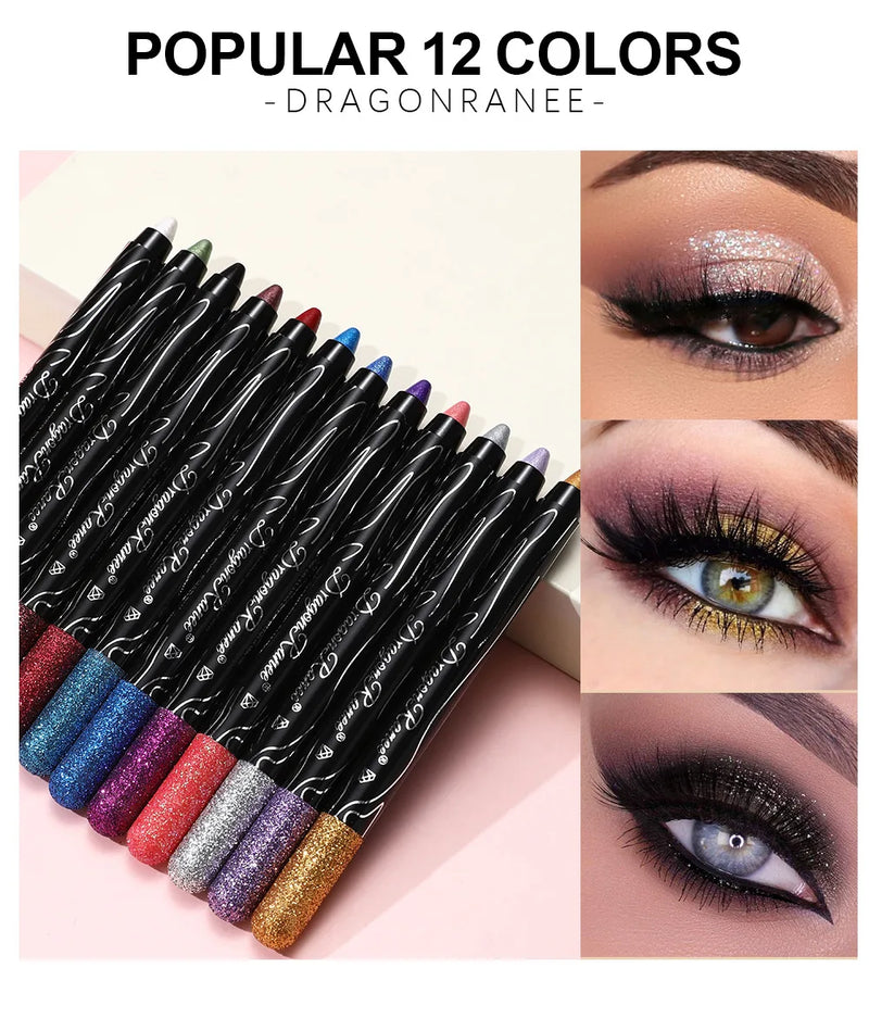 Lápis de Sombra Glitter Longa Duração 12 Cores Azul Marrom Preto Delineador Feminino