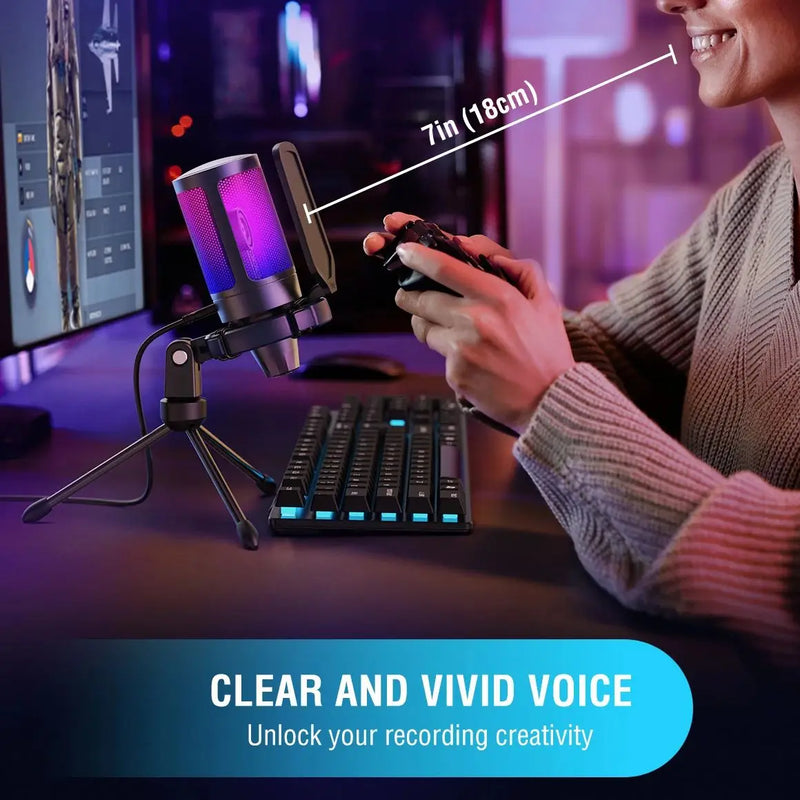 Microfone Gamer FIFINE A6V USB com RGB – Microfone Condensador para PC, Streaming, com Pop Filter, Suporte Anti-Vibração, Controle de Ganho, Plug & Play