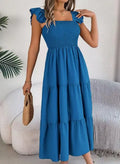 Saia Longa Feminina 2025 – Verão, Cor Lisa, Decote Quadrado, Borda Tipo Cogumelo, Cintura Ajustada, Modelo A-Line, Vestido Elegante Justo tipo Camisola