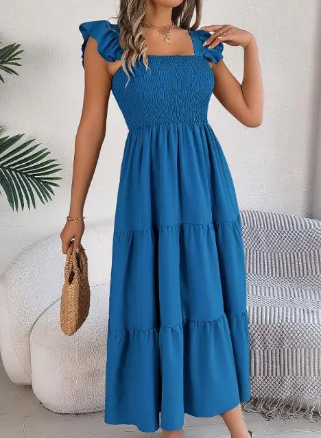 Saia Longa Feminina 2025 – Verão, Cor Lisa, Decote Quadrado, Borda Tipo Cogumelo, Cintura Ajustada, Modelo A-Line, Vestido Elegante Justo tipo Camisola