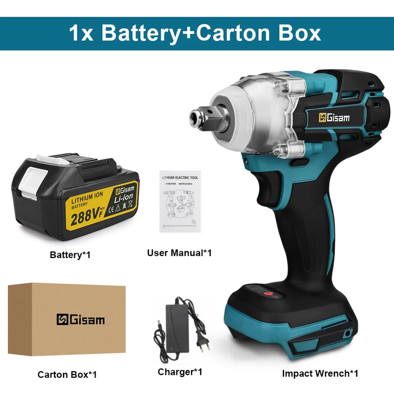 Chave de Impacto Elétrica Brushless Gisam 520N·M, Sem Fio, 1/2 Polegada, Compatível com Bateria Makita 18V, Ferramenta Elétrica para Parafusos