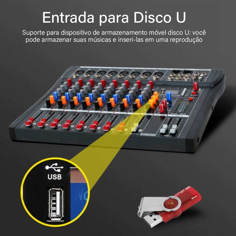 VEDO Mixer de áudio profissional portátil de 8 canais, console de mixagem de som com interface USB, MP3 digital, entrada para computador e gravação de áudio