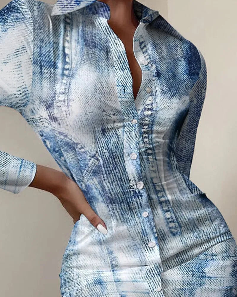 Vestido Feminino 2025 – Primavera/Outono, Nova Moda, Estampa, Gola Dobrável, Manga Longa, Slim Fit, Casual, Vestido Camisa Longo para o Dia a Dia