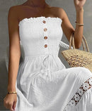 Vestido Feminino 2025 – Verão, Nova Moda, Cor Lisa, Estilo Tomara que Caia, Detalhe em Renda Frufru na Manga, Casual, Maxi Dress para Dia a Dia e Férias