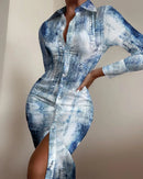 Vestido Feminino 2025 – Primavera/Outono, Nova Moda, Estampa, Gola Dobrável, Manga Longa, Slim Fit, Casual, Vestido Camisa Longo para o Dia a Dia