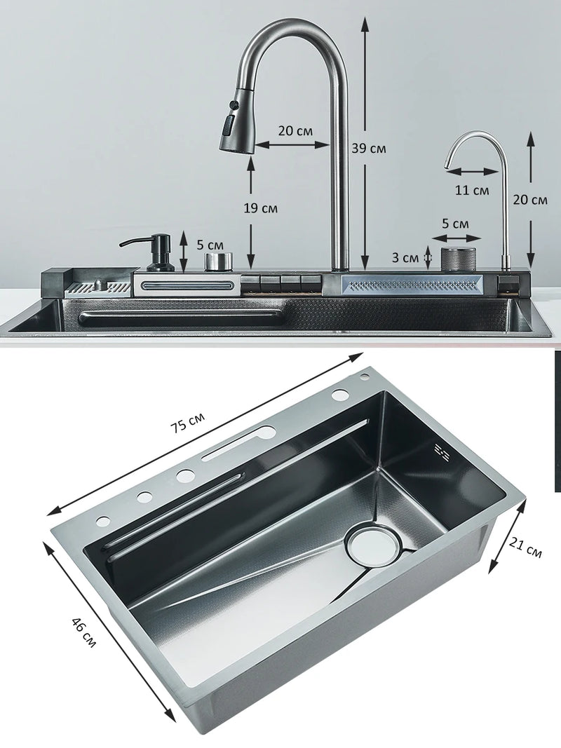Pia de Cozinha em Aço Inoxidável 304 com Efeito Cascata, Cubo Único Grande, Torneira com Display Digital Integrado, Dosador de Sabão e Lavador de Copos