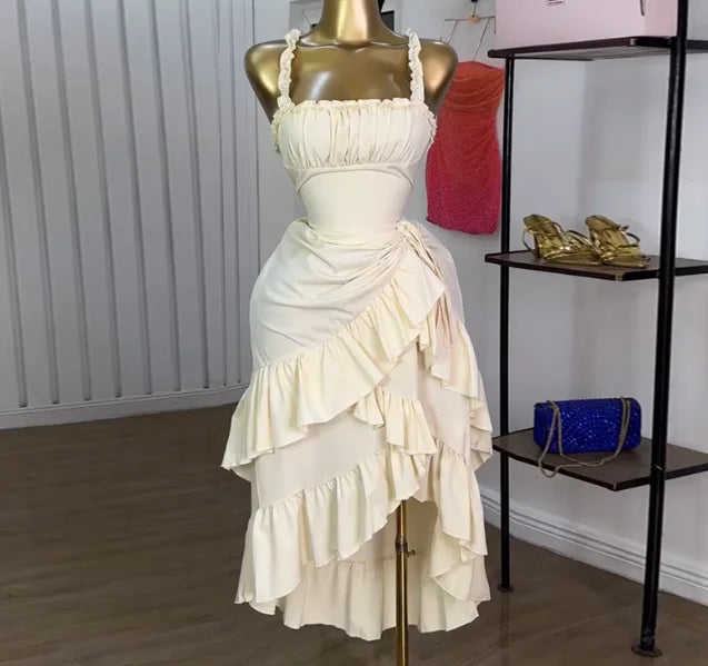Vestido Feminino 2025 – Moda Primavera/Verão, Última Tendência, Camisola Doce e Fresca, Cintura Alta, Slim, Barra com Babado
