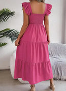 Saia Longa Feminina 2025 – Verão, Cor Lisa, Decote Quadrado, Borda Tipo Cogumelo, Cintura Ajustada, Modelo A-Line, Vestido Elegante Justo tipo Camisola