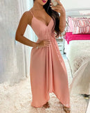 Vestido Feminino 2025 – Verão, Nova Moda, Cor Lisa, Decote V, Amarração, Sem Mangas, Sexy, Costas à Mostra, Barra Irregular, Casual, Vestido Longo para o Dia a Dia