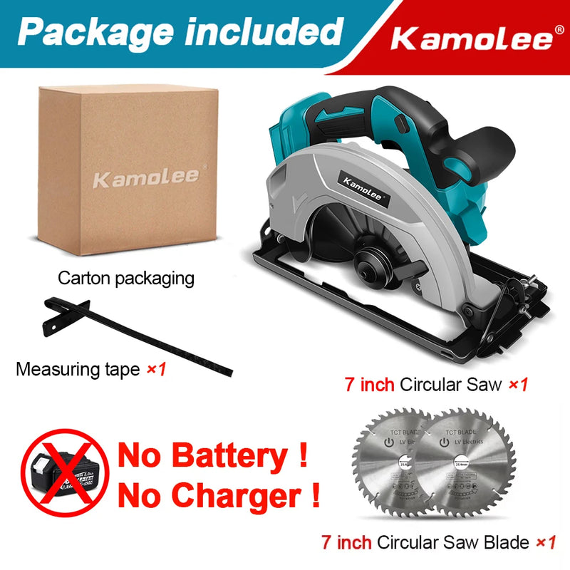 Serra Circular Elétrica Kamolee – 7 polegadas  21V / 6.0Ah / 6000mAh – Para Uso Doméstico e DIY Compatível com baterias de 18V e 21V