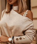 Blusa Feminina de Moda – Manga Longa, Ombro Diagonal com Corrente Decorativa, Decote Ombro a Ombro