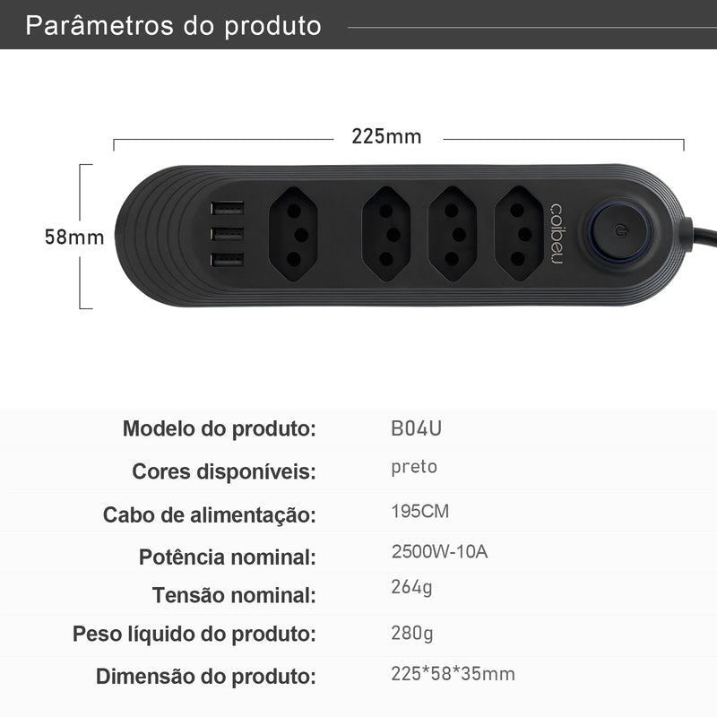 Extensão com 4 Tomadas, Bivolt, 2 Metros, Tomada Preta com 4 Saídas e USB, Régua de Energia, Extensão para Brasil