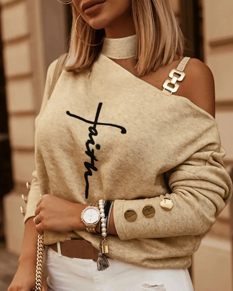 Blusa Feminina de Moda – Manga Longa, Ombro Diagonal com Corrente Decorativa, Decote Ombro a Ombro