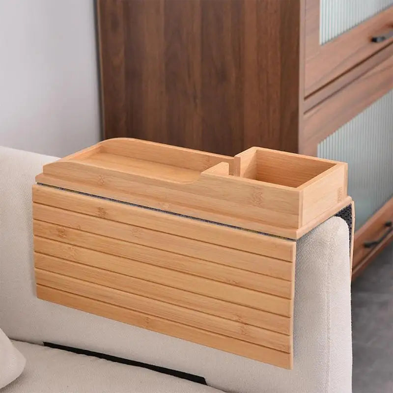 Bandeja com Porta-Copos para Sofá Mesa de Braço Dobrável em Madeira Organizador de Braço de Sofá Removível e Ajustável Para Lanches, Bebidas e TV