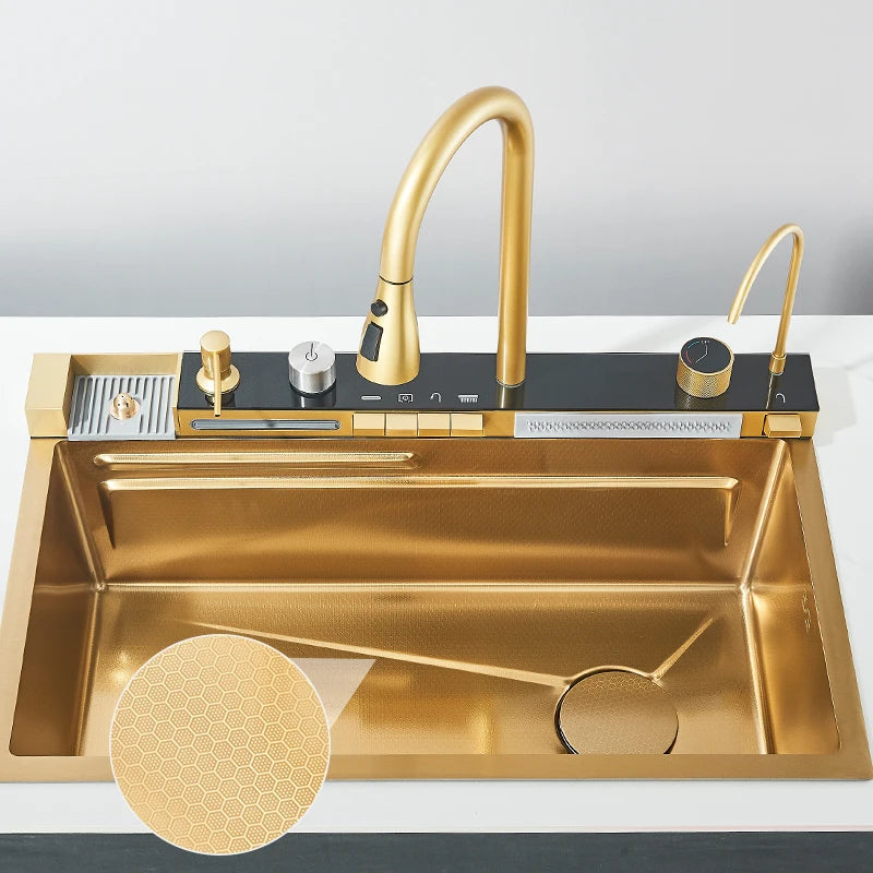Pia de Cozinha em Aço Inoxidável com Torneira 75x45 cm, Cubo Único Grande, Display Digital, Bacia para Louça, Efeito Cascata, Torneiras de Água Quente e Fria