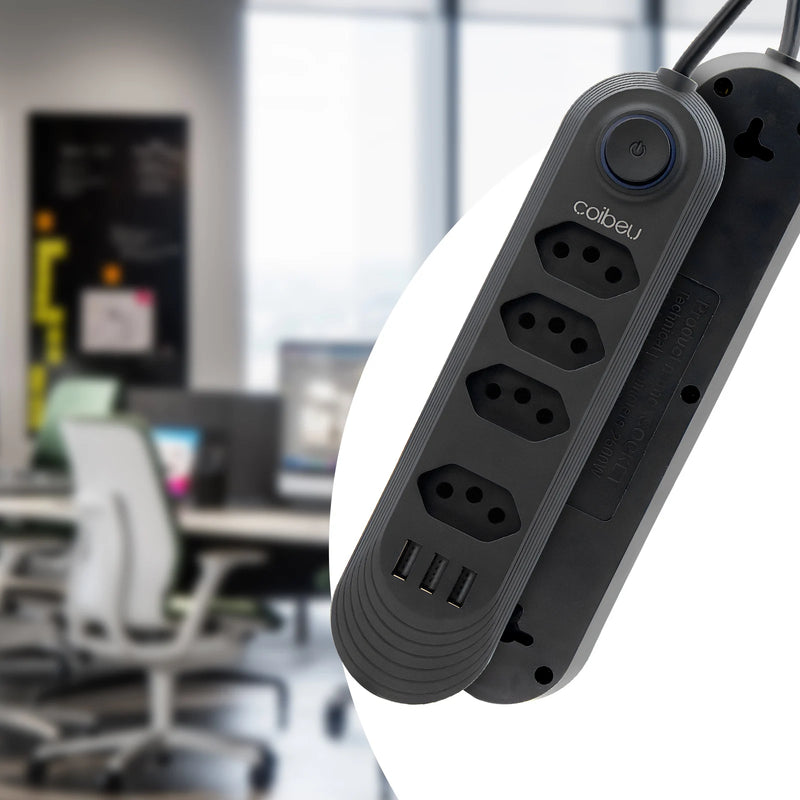 Extensão com 4 Tomadas, Bivolt, 2 Metros, Tomada Preta com 4 Saídas e USB, Régua de Energia, Extensão para Brasil