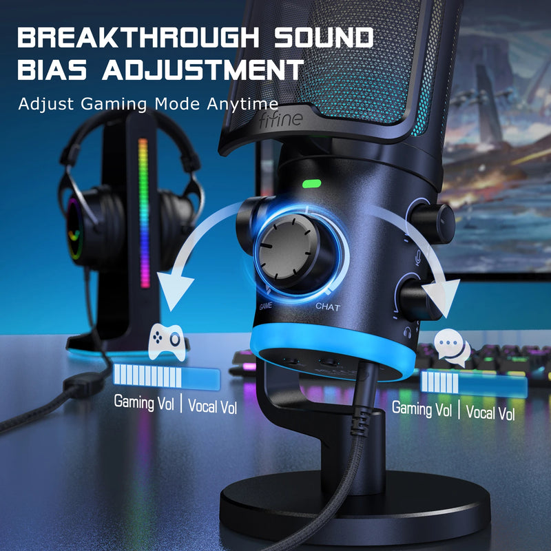 Microfone USB Gamer FIFINE AM6 – Condensador com Cancelamento de Ruído, RGB, Botão de Ganho e Balanço, Ideal para Streaming e Podcast