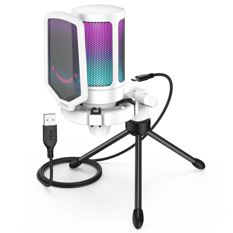 Microfone Gamer FIFINE A6V USB com RGB – Microfone Condensador para PC, Streaming, com Pop Filter, Suporte Anti-Vibração, Controle de Ganho, Plug & Play