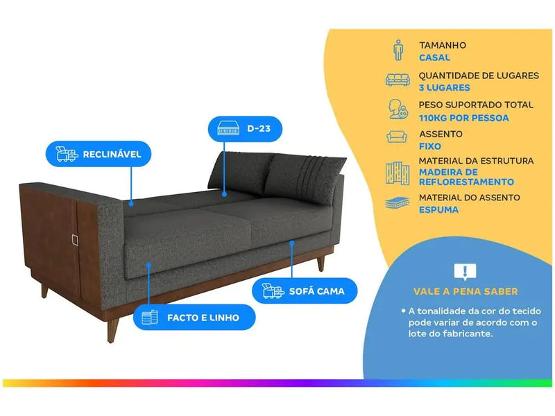 Sofá-Cama 3 Lugares Casal Reclinável Facto e Linho Matrix Esther