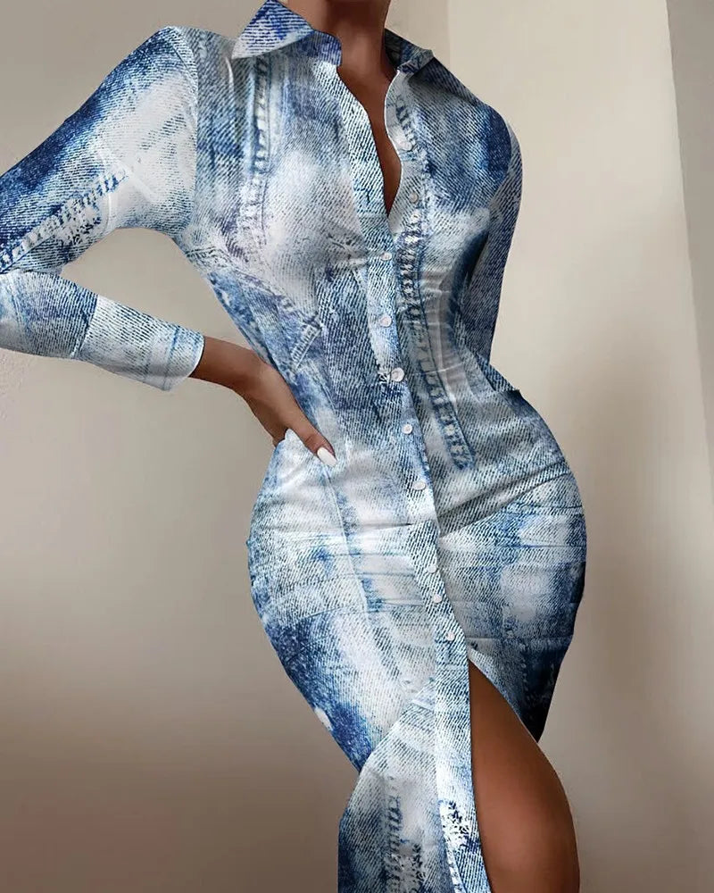 Vestido Feminino 2025 – Primavera/Outono, Nova Moda, Estampa, Gola Dobrável, Manga Longa, Slim Fit, Casual, Vestido Camisa Longo para o Dia a Dia