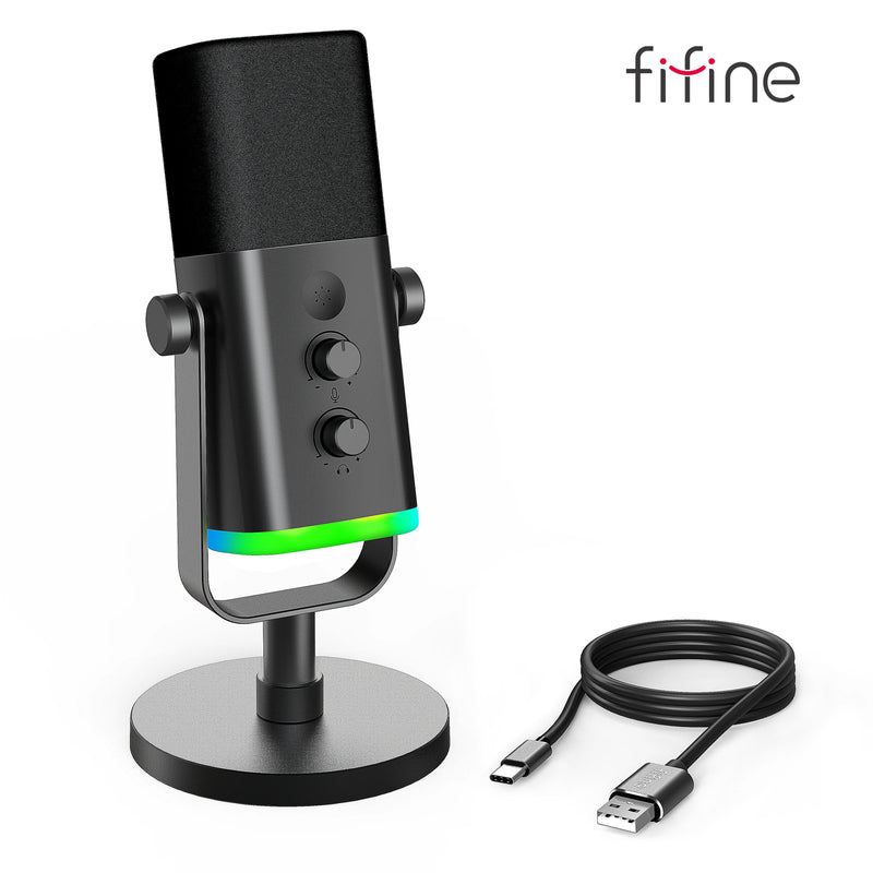 Microfone Dinâmico FIFINE USB/XLR com Controle de RGB/Entrada para Fone de Ouvido/Mute, Microfone para PC Gaming, Gravação e Streaming AmpliGame-AM8
