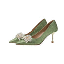 Scarpin Feminino Outono 2024 Bico Fino Boca Rasa com Flores e Pedrarias para Noivas