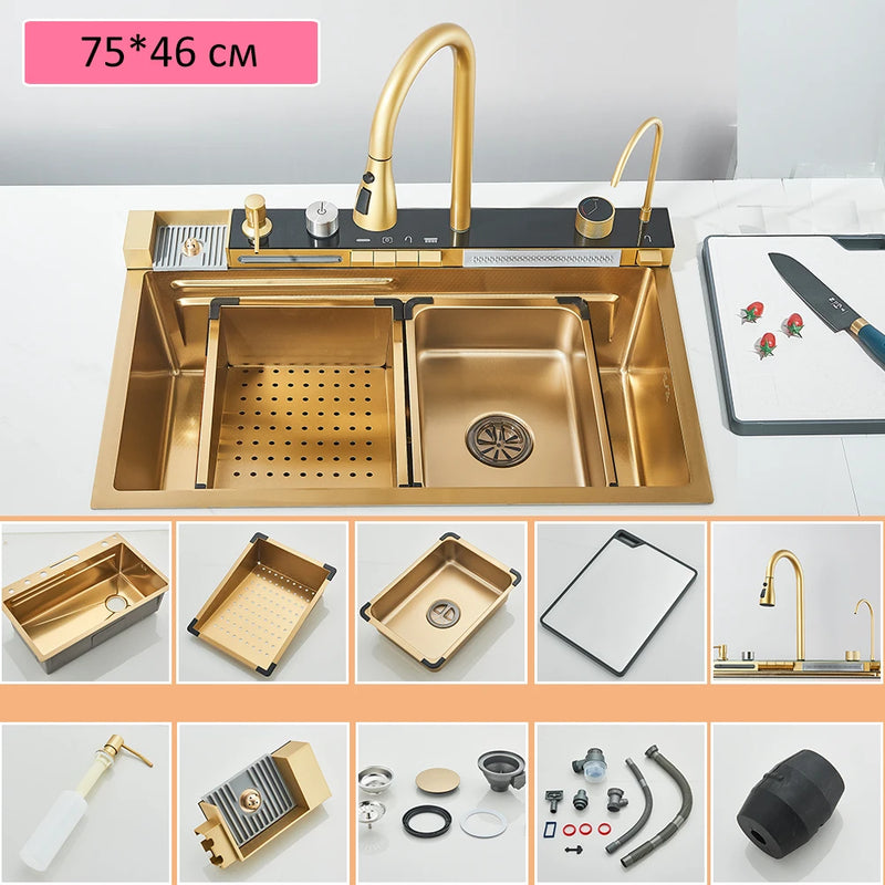 Pia de Cozinha em Aço Inoxidável 304 com Efeito Cascata, Cubo Único Grande, Torneira com Display Digital Integrado, Dosador de Sabão e Lavador de Copos