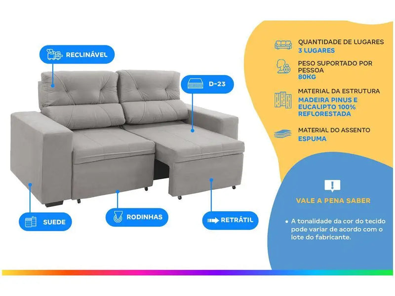 Sofá Reclinável Retrátil 3 Lugares em Suede