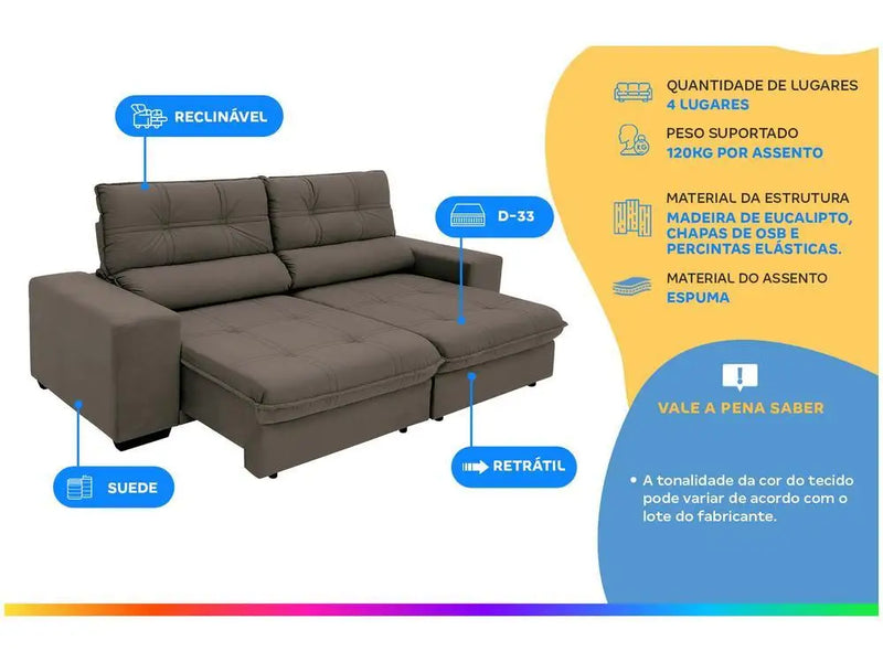 Sofá Retrátil Reclinável 4 Lugares Suede Brunello Linoforte