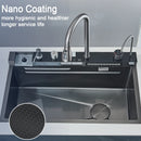 Pia de Cozinha em Aço Inoxidável com Torneira e Display Digital, Cubo Único Grande, Efeito Cascata Chuva, Sistema 5 Funções, Bacia para Louça