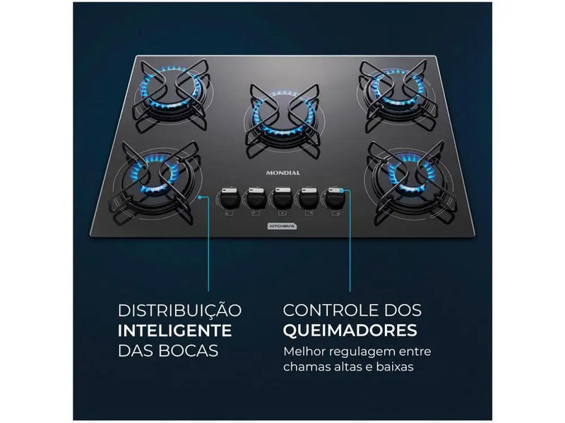 Cooktop 5 Bocas Mondial a Gás GLP Preto - Bivolt