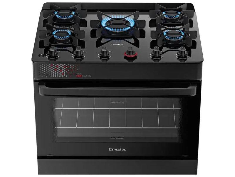 Fogão Esmaltec 5 Bocas Preto com Mesa de Vidro, Tampo de Vidro Ideal - Bivolt
