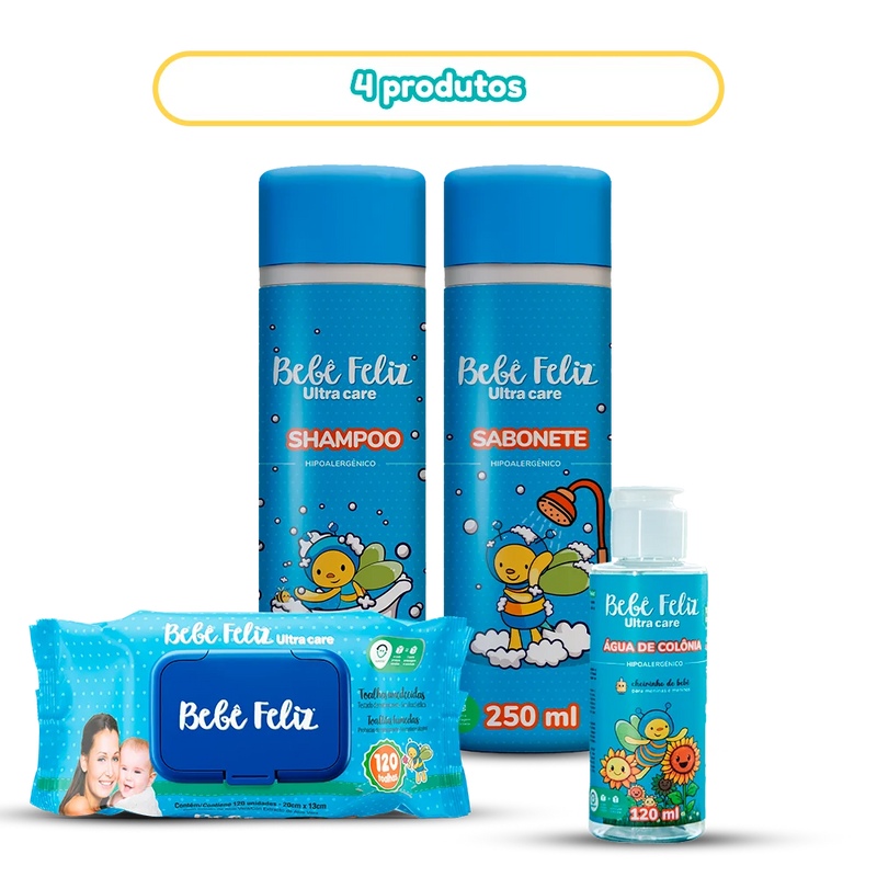 Kit Happy Bath – 1 Shampoo + 1 Sabonete + 1 Toalha Não Decidida + 1 Colônia Água Happy Baby