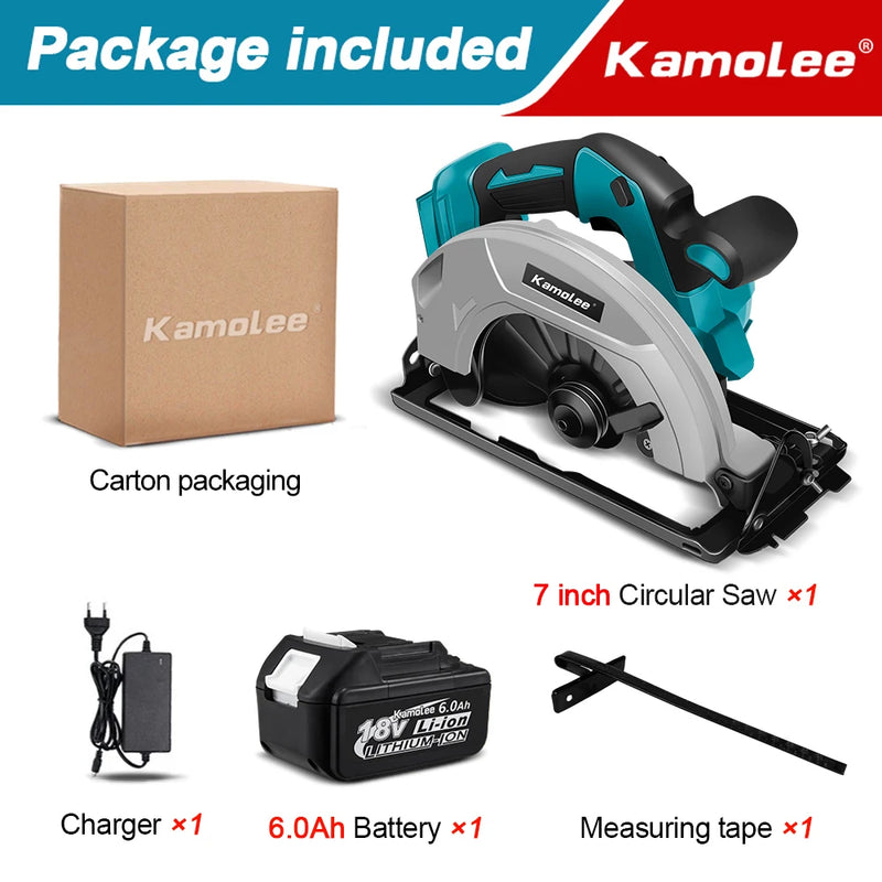 Serra Circular Elétrica Kamolee – 7 polegadas  21V / 6.0Ah / 6000mAh – Para Uso Doméstico e DIY Compatível com baterias de 18V e 21V