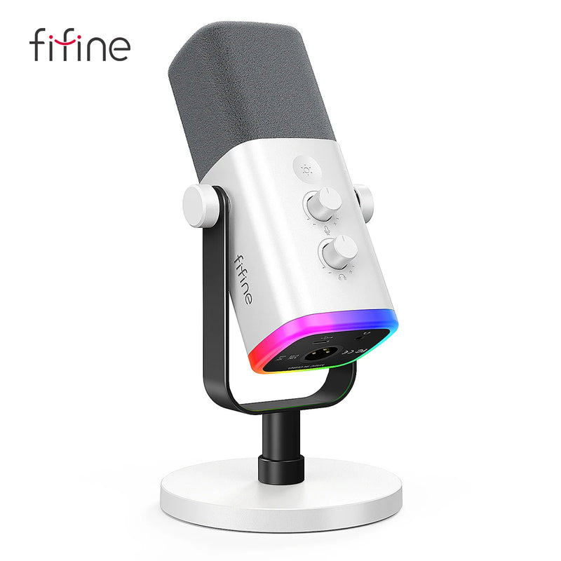 Microfone Dinâmico FIFINE USB/XLR com Controle de RGB/Entrada para Fone de Ouvido/Mute, Microfone para PC Gaming, Gravação e Streaming AmpliGame-AM8