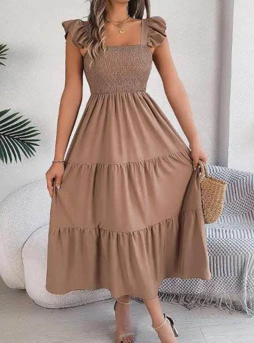 Saia Longa Feminina 2025 – Verão, Cor Lisa, Decote Quadrado, Borda Tipo Cogumelo, Cintura Ajustada, Modelo A-Line, Vestido Elegante Justo tipo Camisola