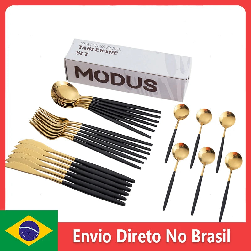 Conjunto de Talheres em Aço Inox MODUS – Talheres, Garfos para Bife, Colheres de Sobremesa, Garfos de Fruta, para Banquete – 24 Peças